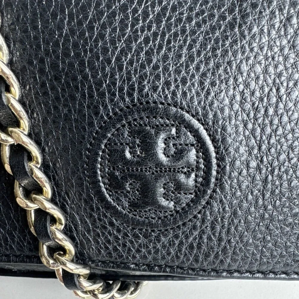 Tory Burch Bombe Shrunken Shoulder Bag Black Leather Gold Chain Authentic Y2K
